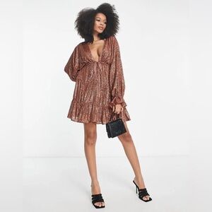 ASOS DESIGN Embellished Brown Sequin Tiered Now Mini Dress, Size 8